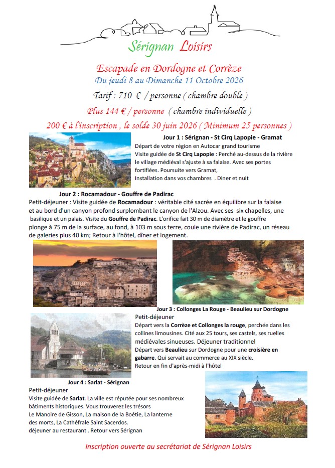 escapade trois jours en Corrèze et en Dordogne, au cœur du Périgord en octobre 2026 avec Sérignan Loisirs